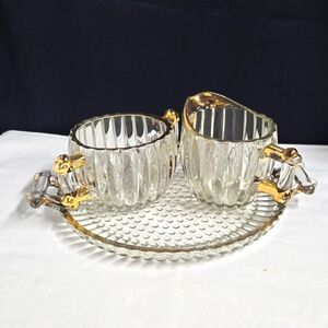 Vintage Heavy Glass Tray & Cream Sugar Dish Set Gold Trim Hobnail Bottoms